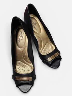 Dexflex Comfort Black Peep-Toe Heels with Gold Accent